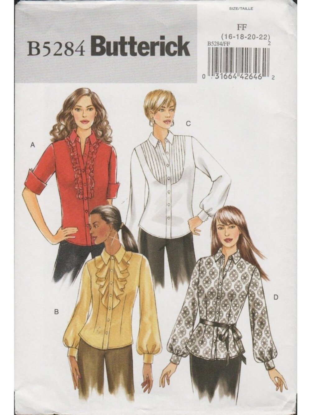 Butterick 5284 Easy Shirt Pattern Pleated or Ruffled Front Misses Sz 16-22 Uncut
